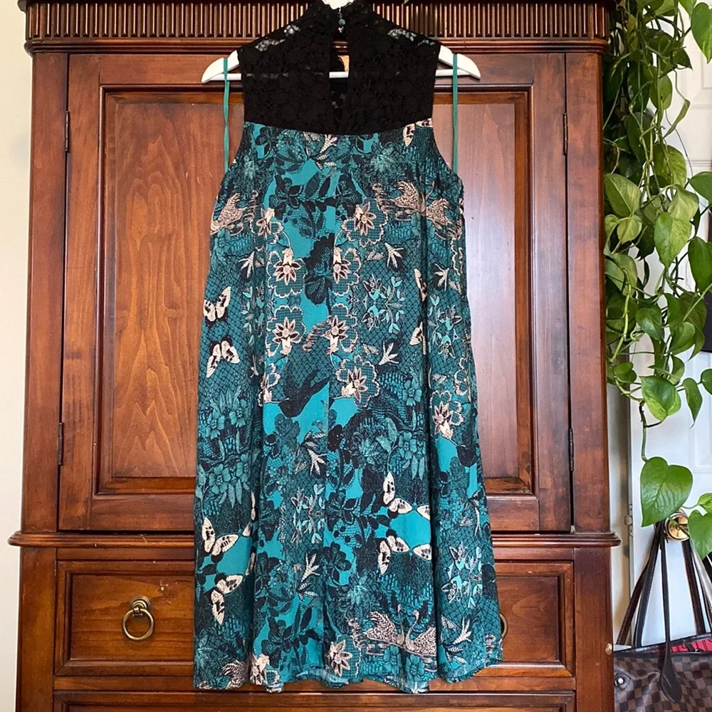 Anthropologie Maeve Silk blend Butterfly Swan Green print Lace top Swing Dress - Picture 4 of 16